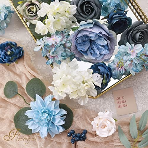 Artificial Flowers Combo Dusty Blue Flowers Mix Silk Flowers Dahlia Roses with Stems for DIY Wedding Bridal, alternate view 2