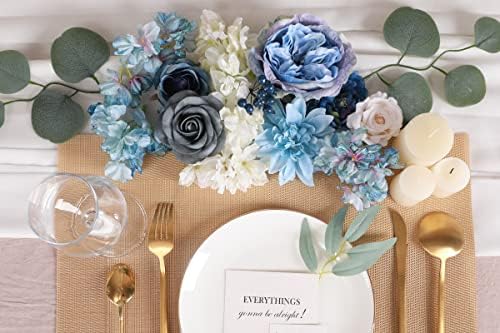 Artificial Flowers Combo Dusty Blue Flowers Mix Silk Flowers Dahlia Roses with Stems for DIY Wedding Bridal, alternate view 3