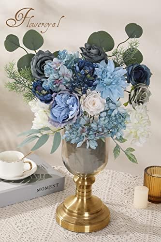 Artificial Flowers Combo Dusty Blue Flowers Mix Silk Flowers Dahlia Roses with Stems for DIY Wedding Bridal, alternate view 4
