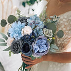 Artificial Flowers Combo Dusty Blue Flowers Mix Silk Flowers Dahlia Roses with Stems for DIY Wedding Bridal, alternate view 6