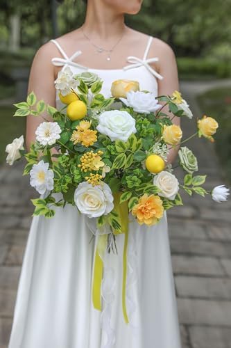 Artificial Flowers Combo Fake Silk Flowers for DIY Wedding Bridal Bouquets Lemon Yellow Fake Foams Rose Flowers, alternate