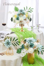 Artificial Flowers Combo Green Flowers Mix Silk Flowers Dahlia Roses with Stems for DIY Wedding Bridal Bouquets, alternate