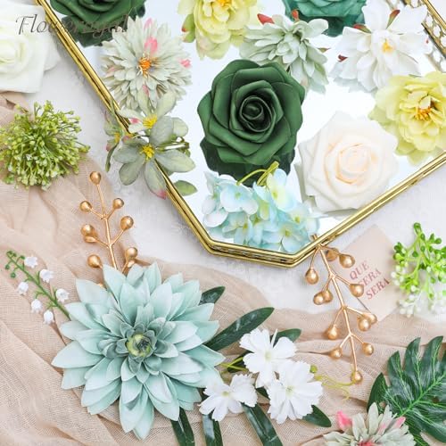 Artificial Flowers Combo Green Flowers Mix Silk Flowers Dahlia Roses with Stems for DIY Wedding Bridal Bouquets, alternate