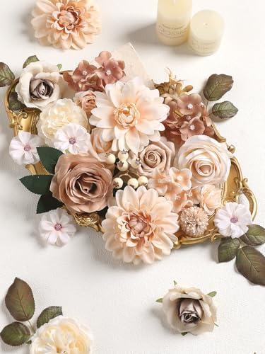Artificial Flowers Combo Nude Brown Silk Flowers Dahlia & Rose with Stems for DIY Wedding Bridal Bouquets, Baby, alternate