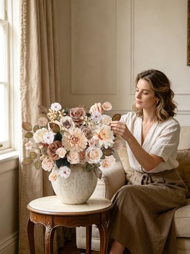 Artificial Flowers Combo Nude Brown Silk Flowers Dahlia & Rose with Stems for DIY Wedding Bridal Bouquets, Baby, alternate