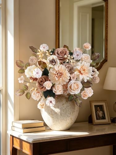 Artificial Flowers Combo Nude Brown Silk Flowers Dahlia & Rose with Stems for DIY Wedding Bridal Bouquets, Baby, alternate
