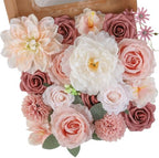Artificial Flowers Combo Pink Flowers Mix Silk Flowers Dahlia Roses with Stems for DIY Wedding Bridal Bouquets