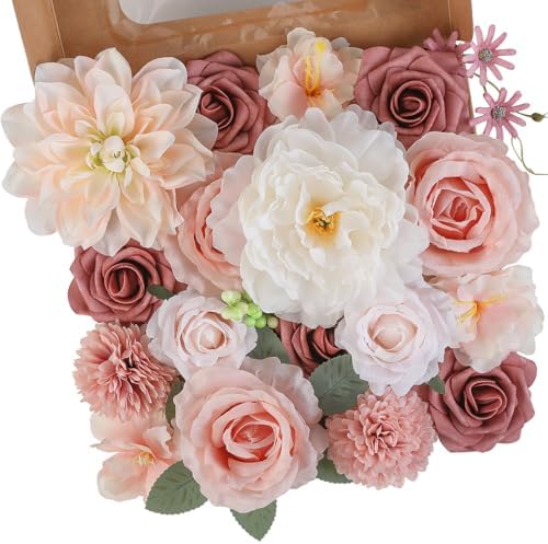 Artificial Flowers Combo Pink Flowers Mix Silk Flowers Dahlia Roses with Stems for DIY Wedding Bridal Bouquets