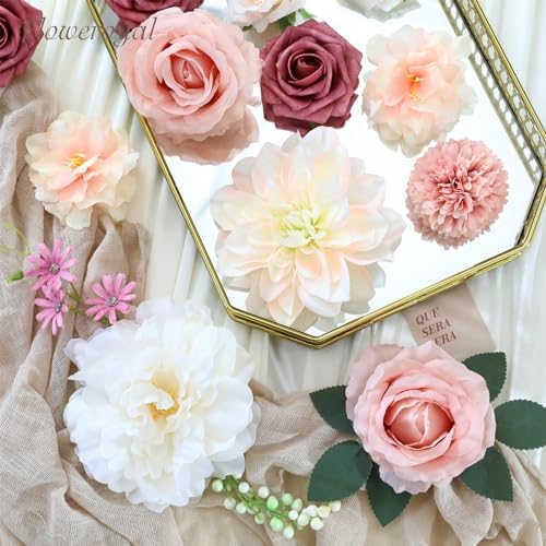 Artificial Flowers Combo Pink Flowers Mix Silk Flowers Dahlia Roses with Stems for DIY Wedding Bridal Bouquets, alternate