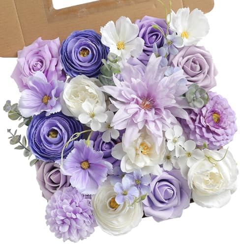 Artificial Flowers Combo Set Purple Fake Flower Leaf Box with Stems for DIY Wedding Bouquets Centerpieces Flower