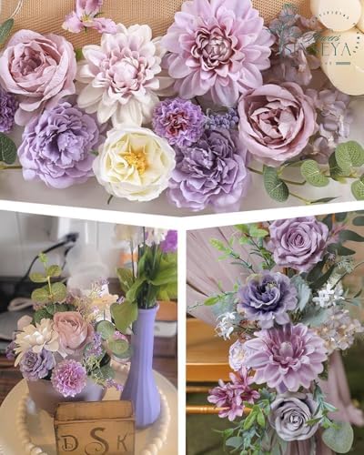 Artificial Flowers Combo Set, Purple Silk Roses, Peonies, Dahlias with Stems for DIY Wedding Bouquets, Baby, alternate view 4