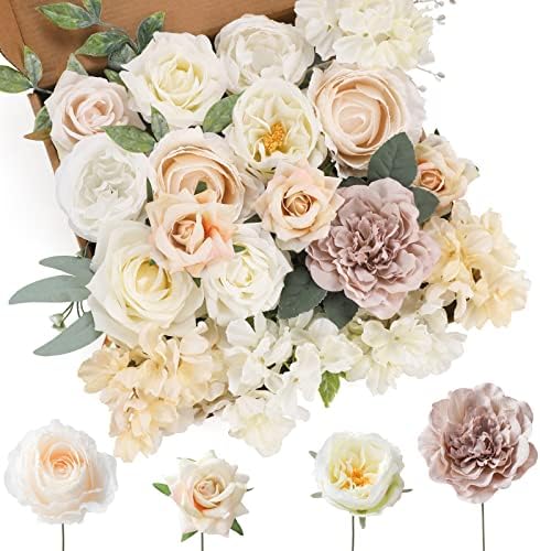 Artificial Flowers Combo White Flowers Mix Silk Flowers Dahlia Roses with Stems for DIY Wedding Bridal Bouquets