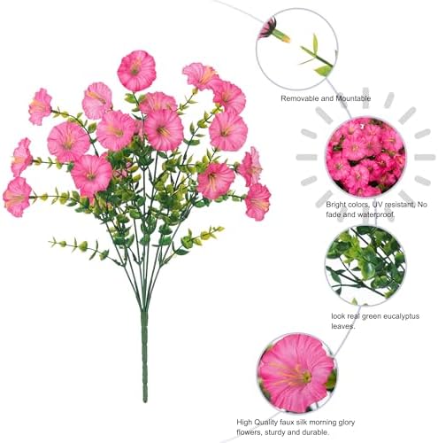 Artificial Flowers Fake Plants for Outdoors Decoration, 12 Bundles Pink Silk Morning Glory with Eucalyptus, alternate view 6