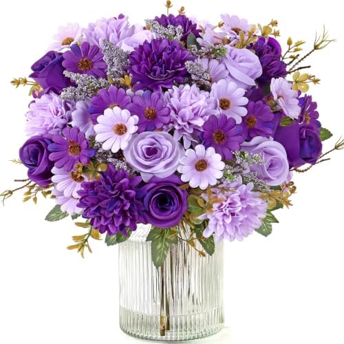 Artificial Flowers Fake Purple Flowers Bouquet 4 Pack Silk Roses