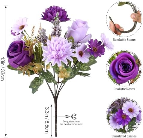 Artificial Flowers Fake Purple Flowers Bouquet 4 Pack Silk Roses, alternate view 3
