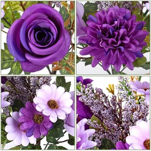 Artificial Flowers Fake Purple Flowers Bouquet 4 Pack Silk Roses, alternate view 5