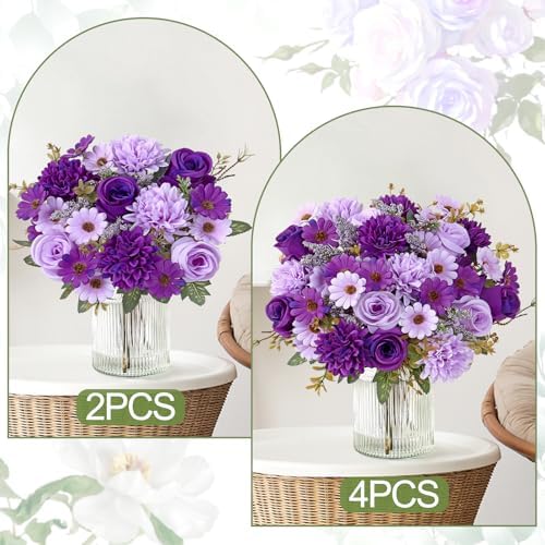 Artificial Flowers Fake Purple Flowers Bouquet 4 Pack Silk Roses, alternate view 6