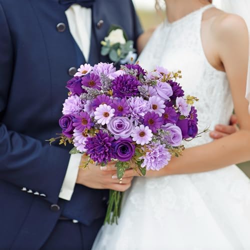 Artificial Flowers Fake Purple Flowers Bouquet 4 Pack Silk Roses, alternate view 7