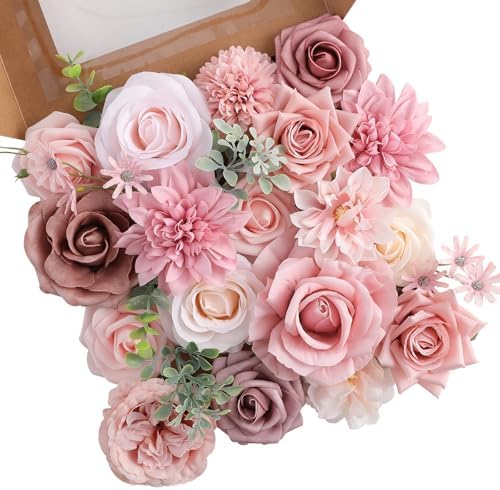 Artificial Flowers Fake Rose Flowers Dahlia with Stems for DIY Wedding Bridal Bouquets, Baby Shower, Floral