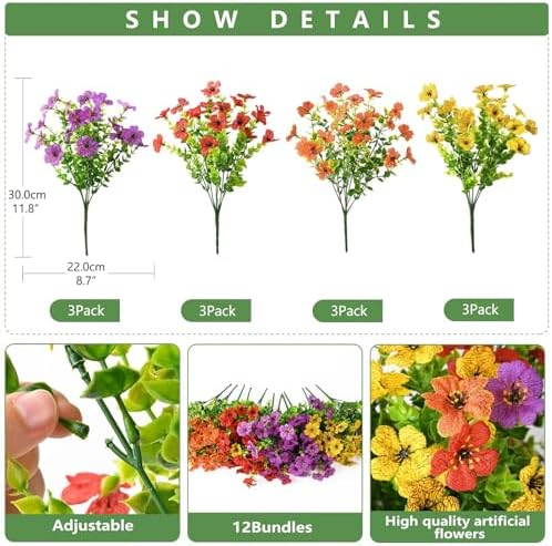 Artificial Flowers for Outdoor Faux Plants Fake Flowers Spring Decor in Purple Red Orange Yellow, alternate view 2