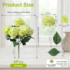 Artificial Flowers for Outdoors, 4 PCS Green Fake Silk Hydrangea Flower Stems for Bouquets UV Resistant, alternate view 2