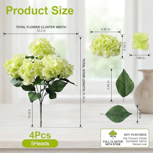 Artificial Flowers for Outdoors, 4 PCS Green Fake Silk Hydrangea Flower Stems for Bouquets UV Resistant, alternate view 2