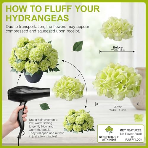 Artificial Flowers for Outdoors, 4 PCS Green Fake Silk Hydrangea Flower Stems for Bouquets UV Resistant, alternate view 3