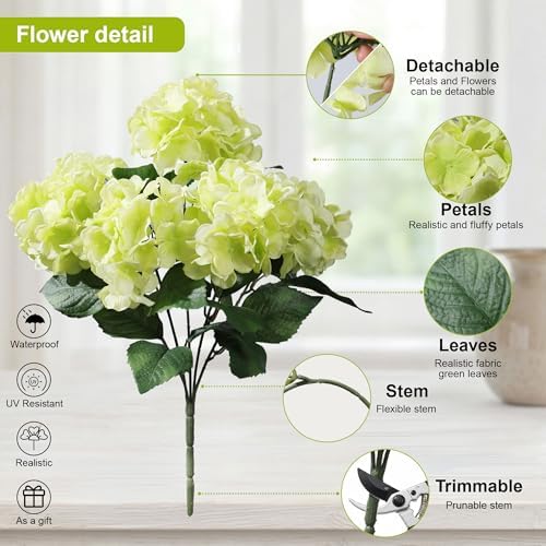 Artificial Flowers for Outdoors, 4 PCS Green Fake Silk Hydrangea Flower Stems for Bouquets UV Resistant, alternate view 4