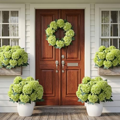 Artificial Flowers for Outdoors, 4 PCS Green Fake Silk Hydrangea Flower Stems for Bouquets UV Resistant, alternate view 6