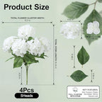 Artificial Flowers for Outdoors, 4 PCS White Fake Silk Hydrangea Flower Stems for Bouquets UV Resistant, alternate view 2