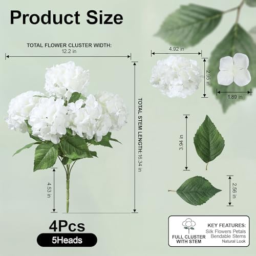 Artificial Flowers for Outdoors, 4 PCS White Fake Silk Hydrangea Flower Stems for Bouquets UV Resistant, alternate view 2