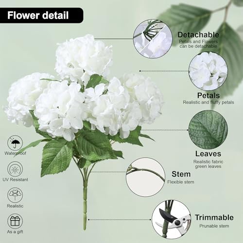 Artificial Flowers for Outdoors, 4 PCS White Fake Silk Hydrangea Flower Stems for Bouquets UV Resistant, alternate view 4