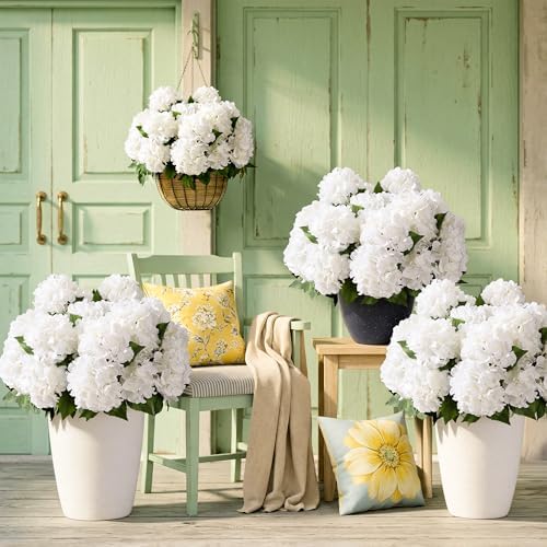 Artificial Flowers for Outdoors, 4 PCS White Fake Silk Hydrangea Flower Stems for Bouquets UV Resistant, alternate view 5