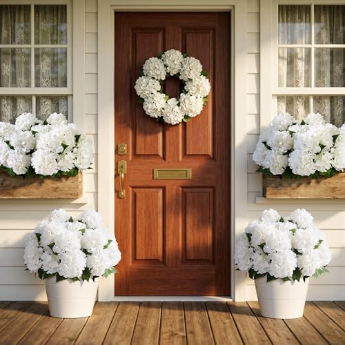 Artificial Flowers for Outdoors, 4 PCS White Fake Silk Hydrangea Flower Stems for Bouquets UV Resistant, alternate view 6
