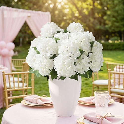 Artificial Flowers for Outdoors, 4 PCS White Fake Silk Hydrangea Flower Stems for Bouquets UV Resistant, alternate view 7