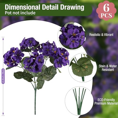 Artificial Flowers for Outdoors UV Resistant Fake Silk Geraniums in Puple, alternate view 2