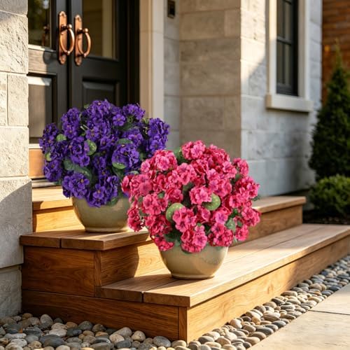 Artificial Flowers for Outdoors UV Resistant Fake Silk Geraniums in Puple, alternate view 6