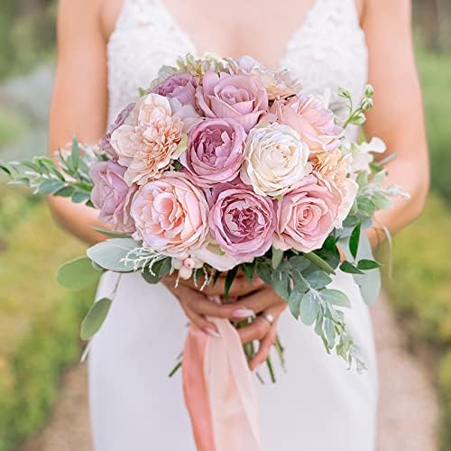 Artificial Flowers Pink Bouquet Fake Flower Dahlia Roses with Stems in Y(pink, Peach), alternate view 2