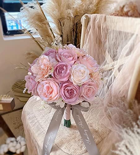 Artificial Flowers Pink Bouquet Fake Flower Dahlia Roses with Stems in Y(pink, Peach), alternate view 5