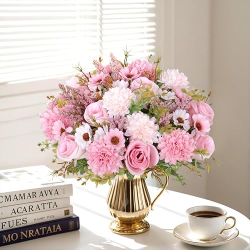 Artificial Flowers Pink Silk Flower Bouquet 4 Packs Silk Roses in Pink, alternate view 2