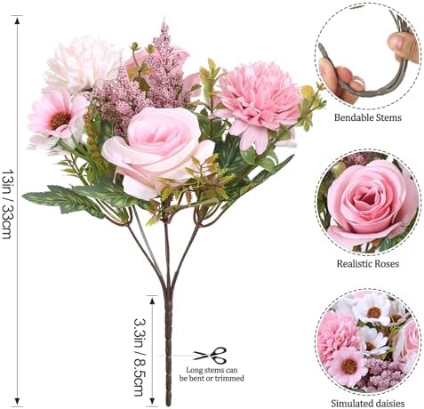 Artificial Flowers Pink Silk Flower Bouquet 4 Packs Silk Roses in Pink, alternate view 3