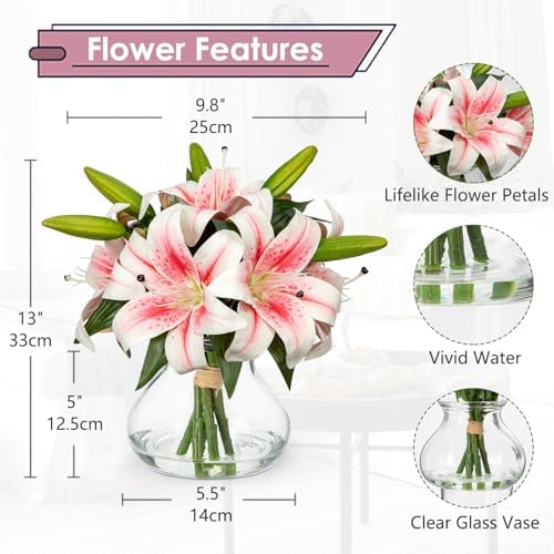 Artificial Flowers Tiger Lily Real Touch with Vase Easter Lily Pink Lilies Silk Faux Flowers Arrangements in, alternate view