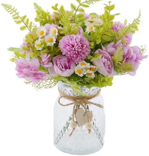 Artificial Flowers with Vase Purple Fake Peony in Glass Vase