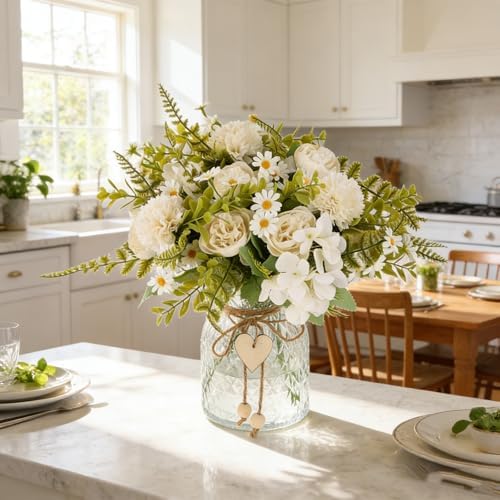 Artificial Flowers with Vase White Fake Peony in Glass Vase in White, alternate view 3