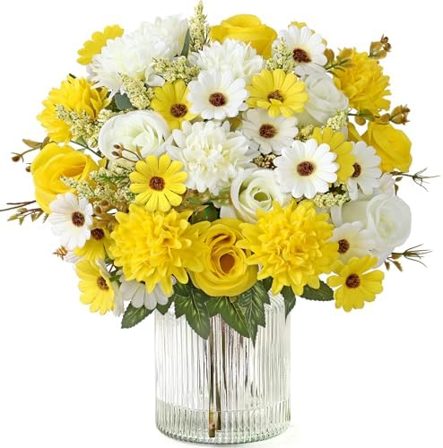 Artificial Flowers Yellow Silk Flower Bouquet 4 Packs Silk Roses in White Yellow