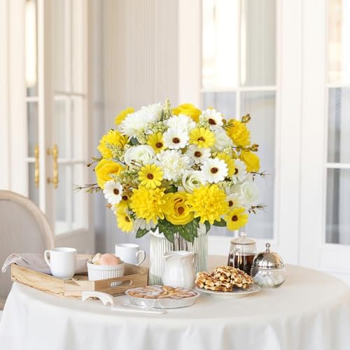 Artificial Flowers Yellow Silk Flower Bouquet 4 Packs Silk Roses in White Yellow, alternate view 2