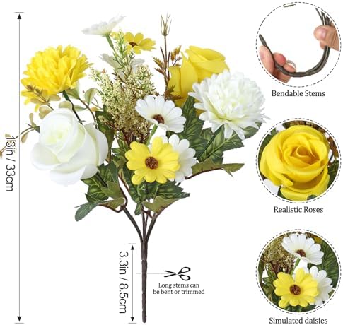 Artificial Flowers Yellow Silk Flower Bouquet 4 Packs Silk Roses in White Yellow, alternate view 3