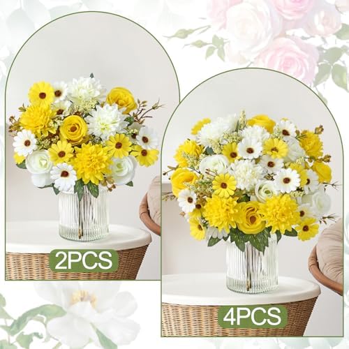 Artificial Flowers Yellow Silk Flower Bouquet 4 Packs Silk Roses in White Yellow, alternate view 6