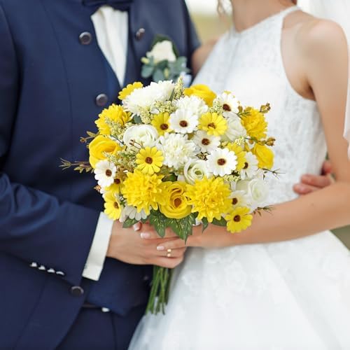 Artificial Flowers Yellow Silk Flower Bouquet 4 Packs Silk Roses in White Yellow, alternate view 7