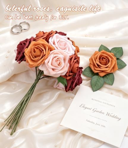 Artificial Foam Roses with Stems, Orange Ombre Color, 3 Inch 50Pcs in Orange Ombre Color, alternate view 3